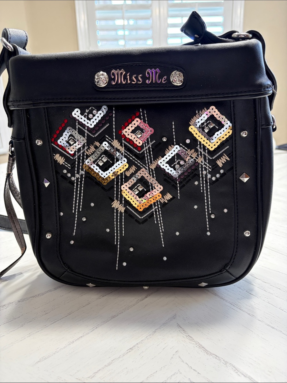 Miss Me Black Crossbody with Multicolor Sequin Diamonds
